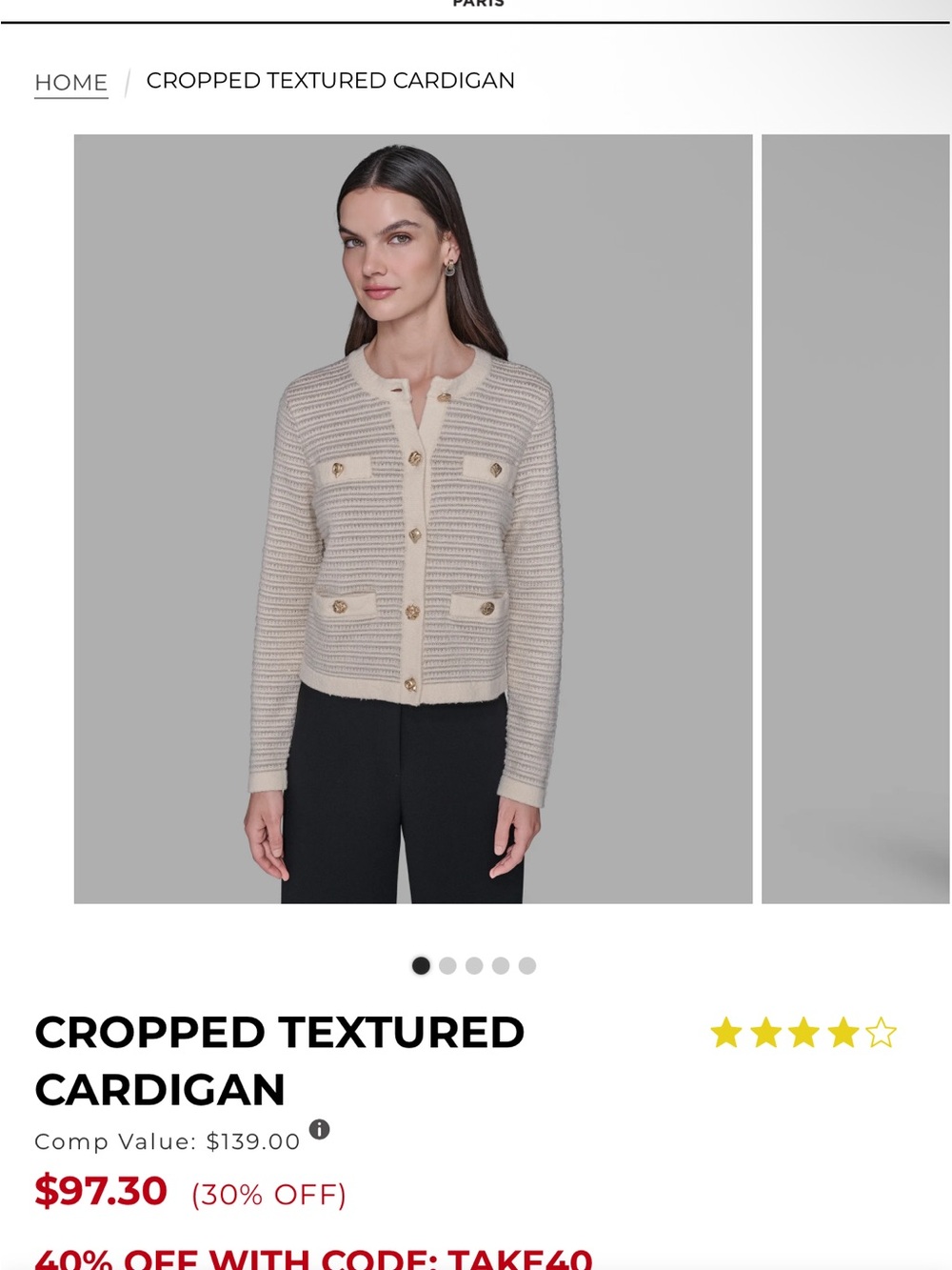 Karl Lagerfeld Cream Cropped Textured Cardigan with Gold Buttons